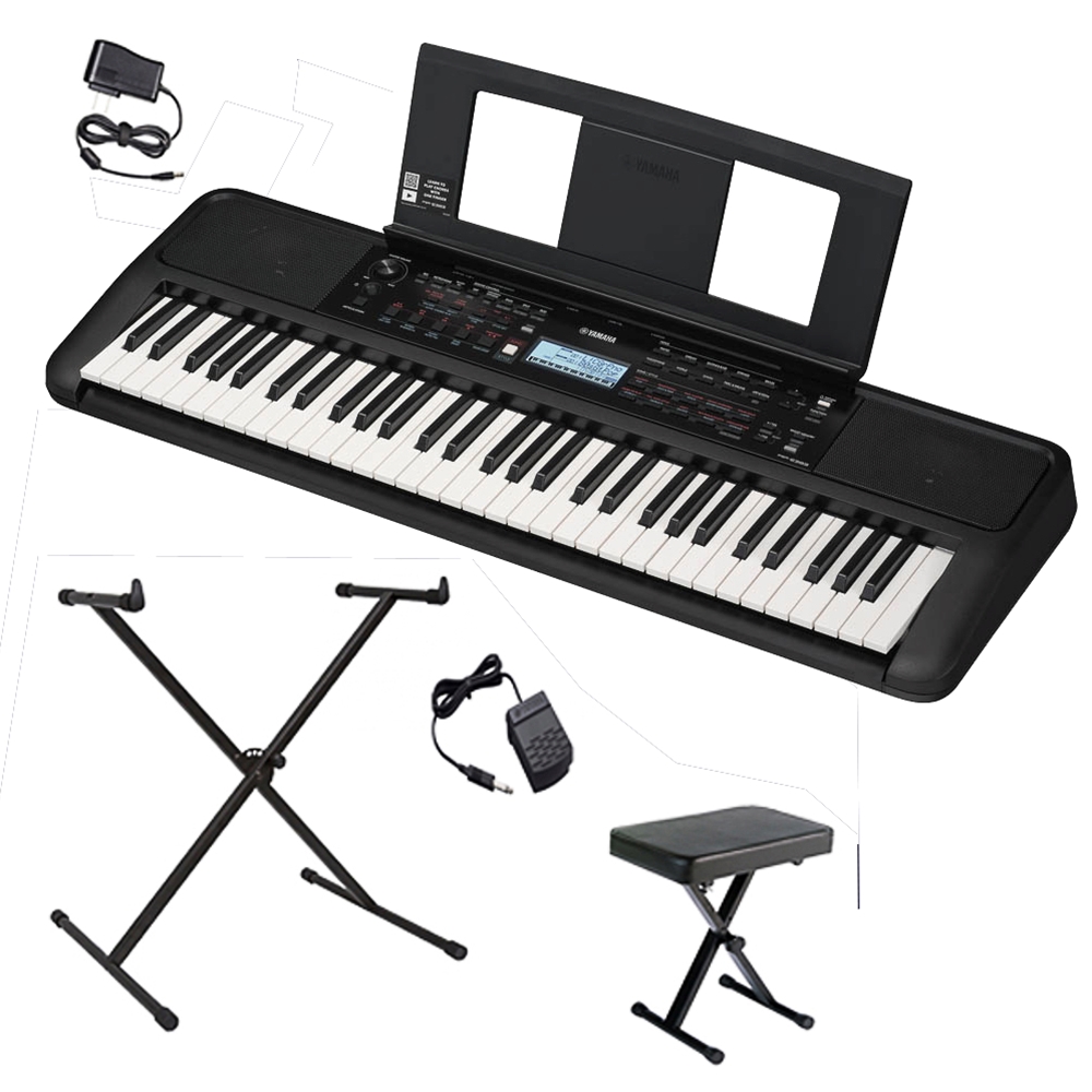 NW Music PSRE383PKG 61-Key Portable Keyboard with Sustain Pedal, X-Stand and Bench