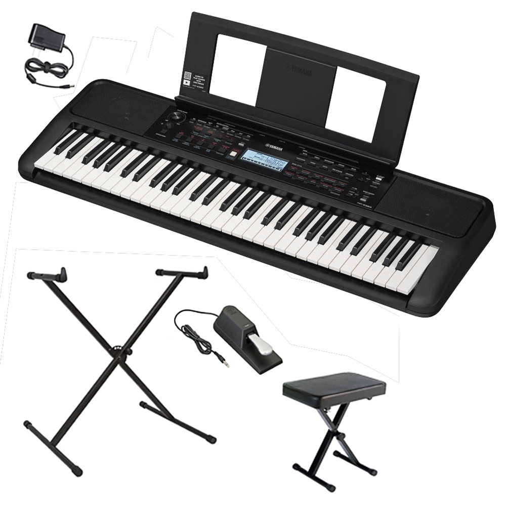 NW Music PSRE383PKGDLX 61-Key Portable Keyboard with Deluxe Pedal, X-Stand and Bench